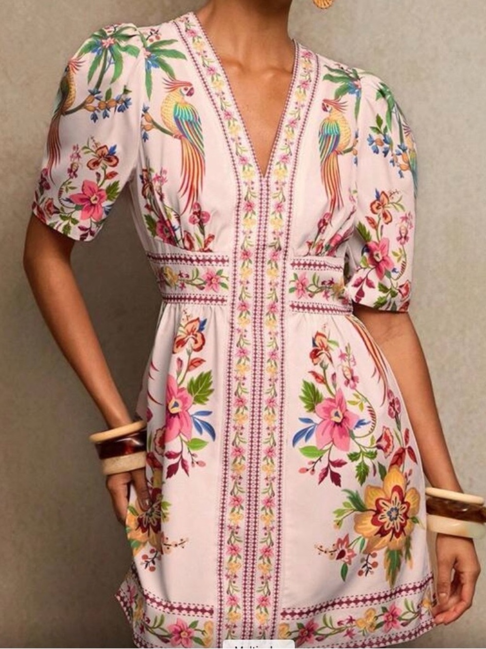 Pink Floral Embroidered V-Neck Mini Dress